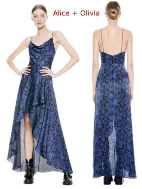 ALICE + OLIVIA 
 Royal Blue Floral High-Low Slip Dress